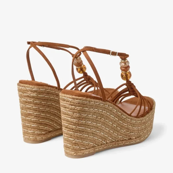 Lemi Wedge 100 Tan Mix Suede Wedges with Beads