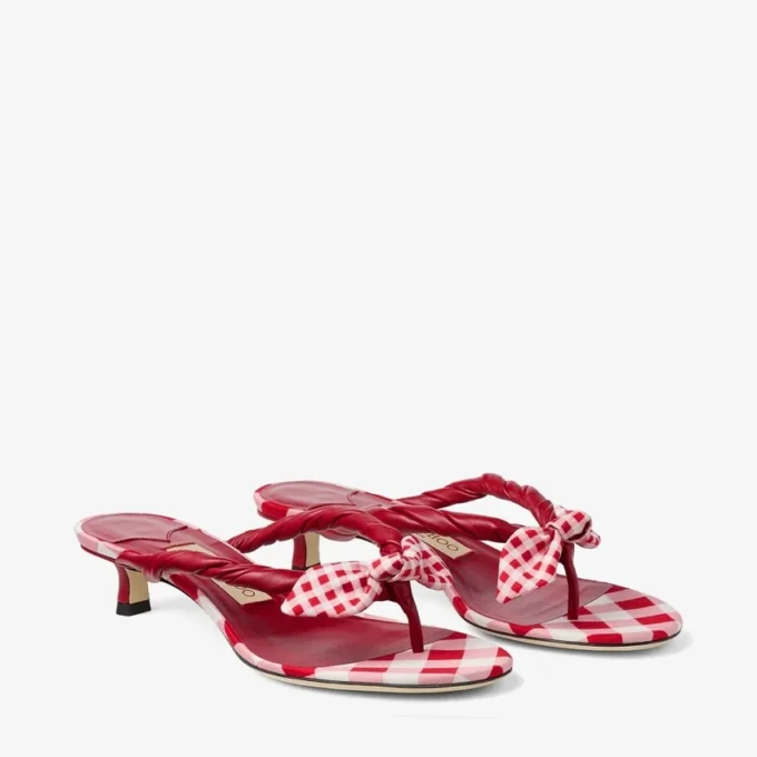 Liss 35 Ruby Red Mix Mixed Gingham Cotton Mule Sandals with Gingham Bow