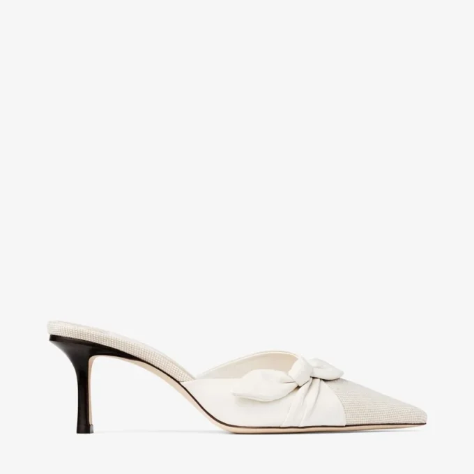Livi 65 Almond and Latte Mix Flecked Canvas and Soft Glove Leather Mules with Nappa Leather Bow