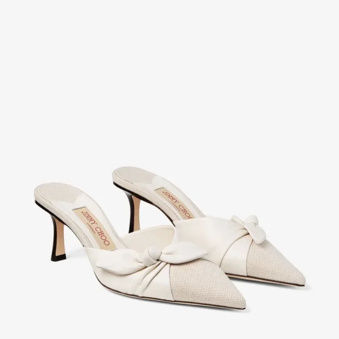 Livi 65 Almond and Latte Mix Flecked Canvas and Soft Glove Leather Mules with Nappa Leather Bow