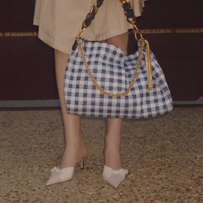 Livi 65 Almond and Latte Mix Flecked Canvas and Soft Glove Leather Mules with Nappa Leather Bow