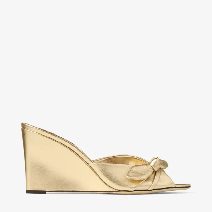 Livi Wedge 85 Gold Metallic Nappa Leather Mules Wedges with Bow
