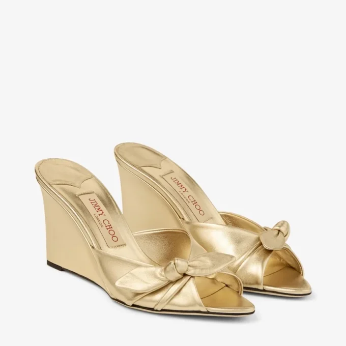Livi Wedge 85 Gold Metallic Nappa Leather Mules Wedges with Bow