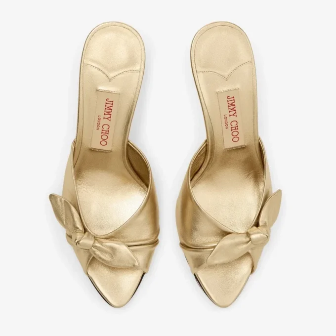 Livi Wedge 85 Gold Metallic Nappa Leather Mules Wedges with Bow