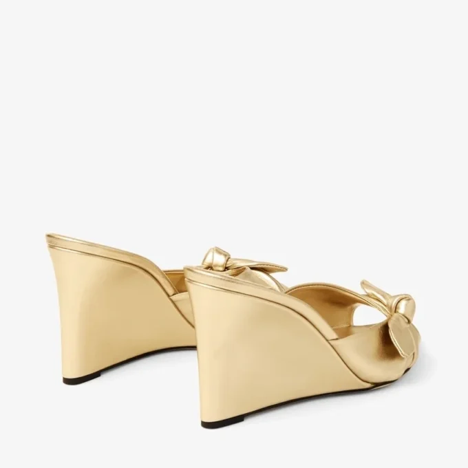 Livi Wedge 85 Gold Metallic Nappa Leather Mules Wedges with Bow