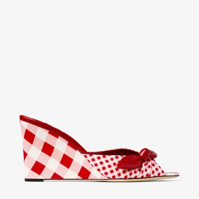 Livi Wedge 85 Ruby Red Mix Mixed Gingham Cotton Mule Wedges with Gingham Bow