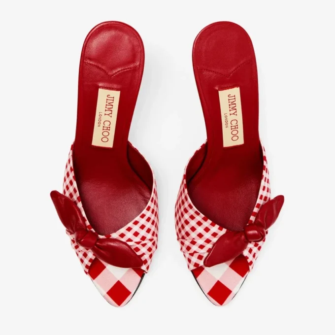 Livi Wedge 85 Ruby Red Mix Mixed Gingham Cotton Mule Wedges with Gingham Bow
