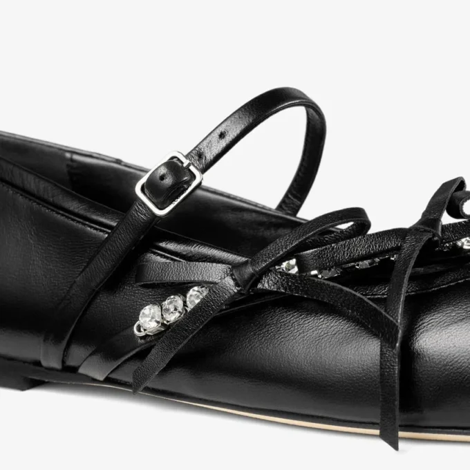 Loli Ballerina Black Shiny Nappa Leather Ballerina Flats with Soft Glove Leather Bows