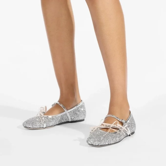 Loli Ballerina Silver and Macaron Powder Glitter Fabric Ballerina Flats with Satin Bows