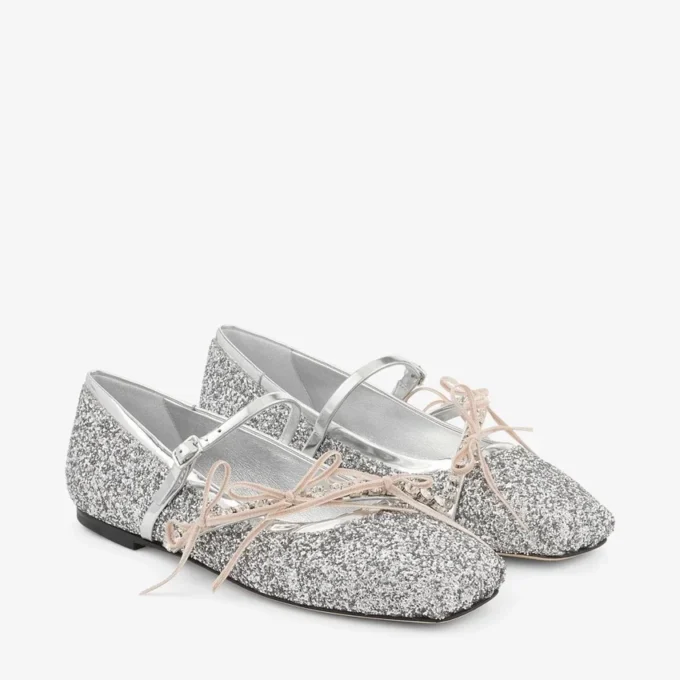 Loli Ballerina Silver and Macaron Powder Glitter Fabric Ballerina Flats with Satin Bows