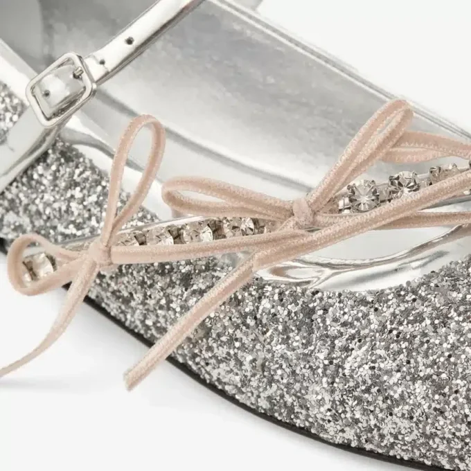 Loli Ballerina Silver and Macaron Powder Glitter Fabric Ballerina Flats with Satin Bows