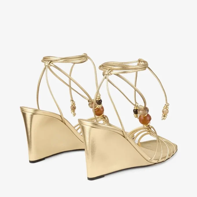Lova Wedge 85 Gold Metallic Nappa Leather Wedges with Beads