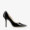 Love 100 Black Patent Leather Pointed-Toe Pumps with Jc Emblem