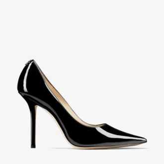 Love 100 Black Patent Leather Pointed-Toe Pumps with Jc Emblem