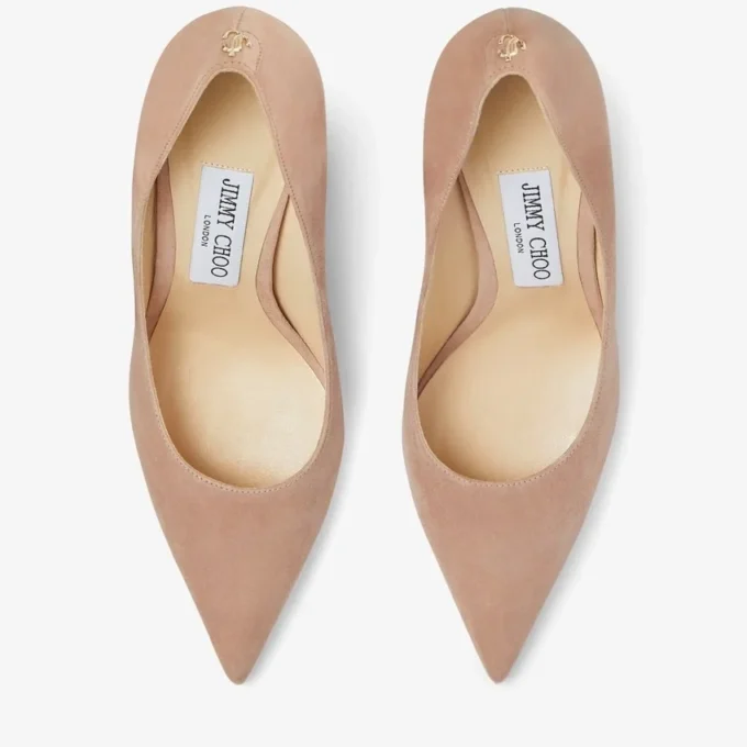 Love 85 Ballet-Pink Suede Pointed Pumps with Jc Emblem