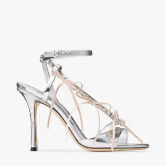 Lula 100 Silver and Macaron Liquid Metal Leather Sandals with Velvet Bows