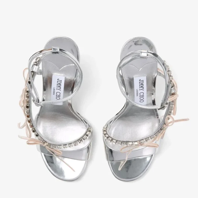 Lula 100 Silver and Macaron Liquid Metal Leather Sandals with Velvet Bows