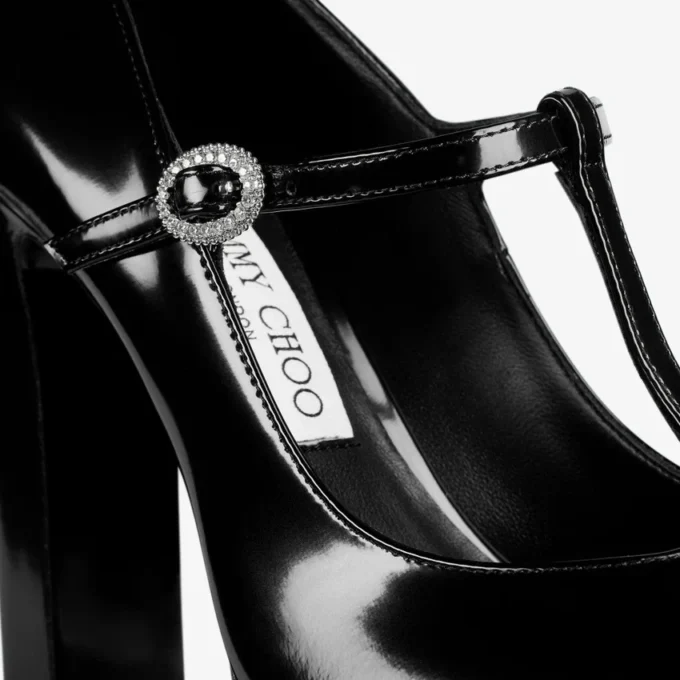 Marene Mary Jane 120 Black Polished Calf Leather Pumps with Crystal Buckle