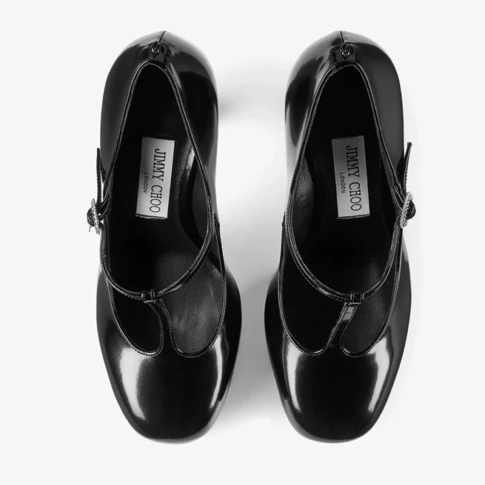 Marene Mary Jane 120 Black Polished Calf Leather Pumps with Crystal Buckle