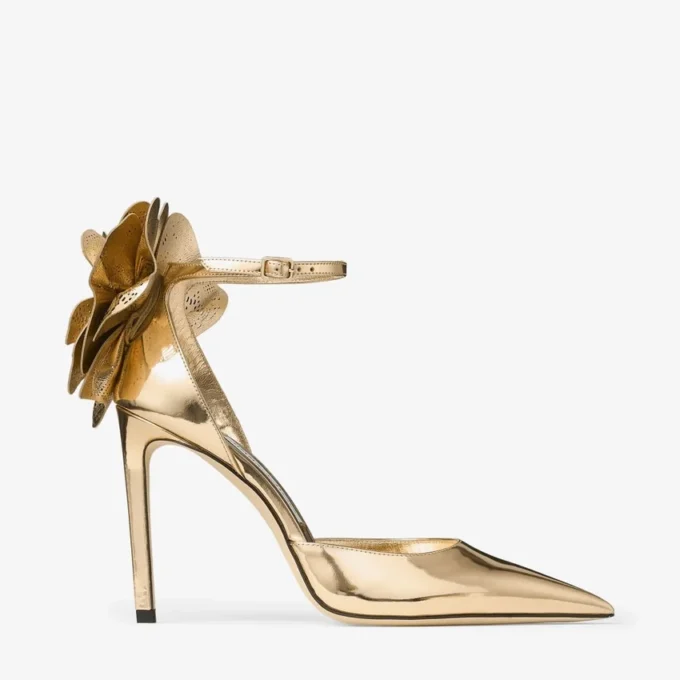 Marja 100 Gold Liquid Metal Leather Sandals with Metal Leather Lace Corsage