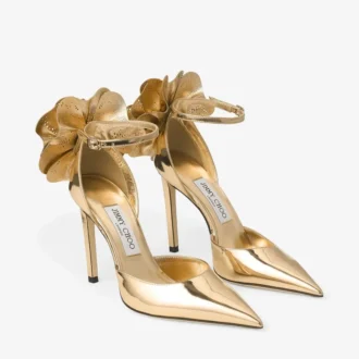 Marja 100 Gold Liquid Metal Leather Sandals with Metal Leather Lace Corsage