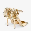 Marja 100 Gold Liquid Metal Leather Sandals with Metal Leather Lace Corsage