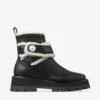 Meena Flat Black Shiny Calf Leather Ankle Boots with Shearling