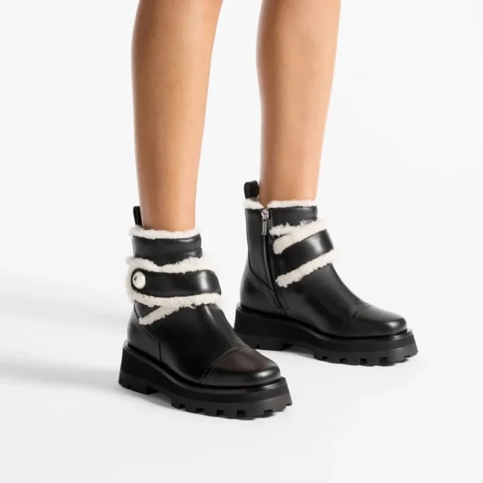 Meena Flat Black Shiny Calf Leather Ankle Boots with Shearling