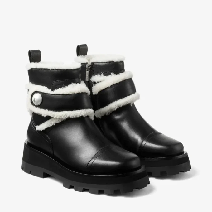 Meena Flat Black Shiny Calf Leather Ankle Boots with Shearling