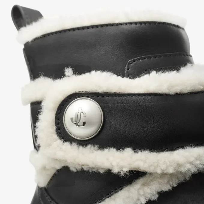Meena Flat Black Shiny Calf Leather Ankle Boots with Shearling