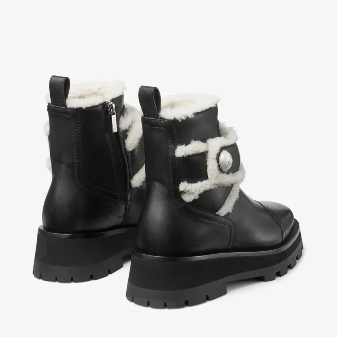 Meena Flat Black Shiny Calf Leather Ankle Boots with Shearling
