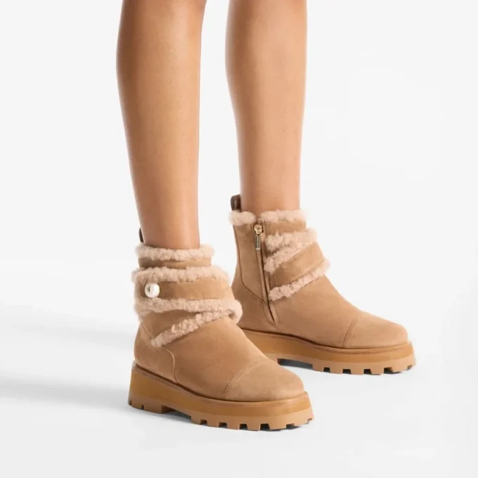 Meena Flat Toffee Velvet Suede Ankle Boots with Shearling