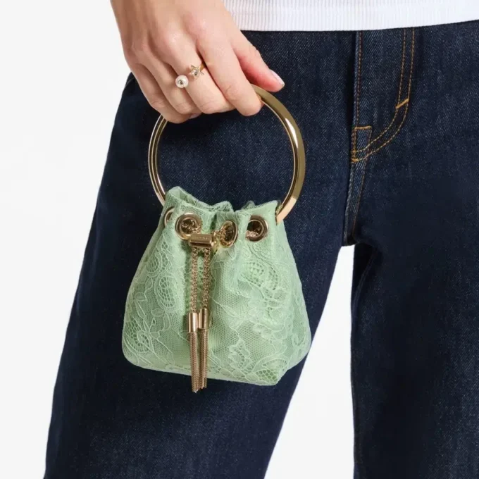 Micro Bon Bon Verde Satin and Jimmy Choo Lace Mini Bucket Bag