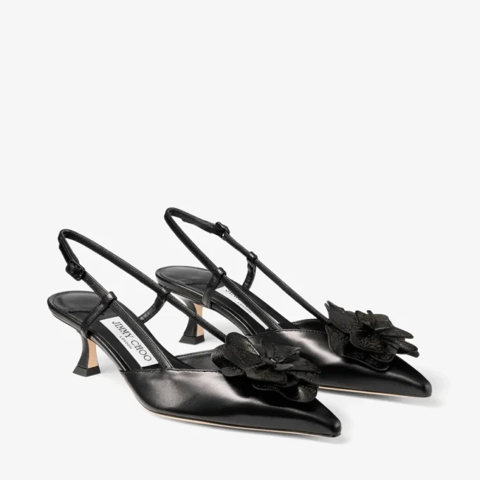 Mimmi Sling Back 50 Black Shiny Nappa Leather Slingbacks with Nappa Lace Corsage