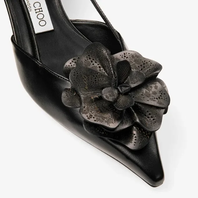 Mimmi Sling Back 50 Black Shiny Nappa Leather Slingbacks with Nappa Lace Corsage