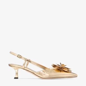 Mimmi  Sling Back 50 Gold Liquid Metal Leather Slingbacks with Jimmy Choo Perforated Corsage