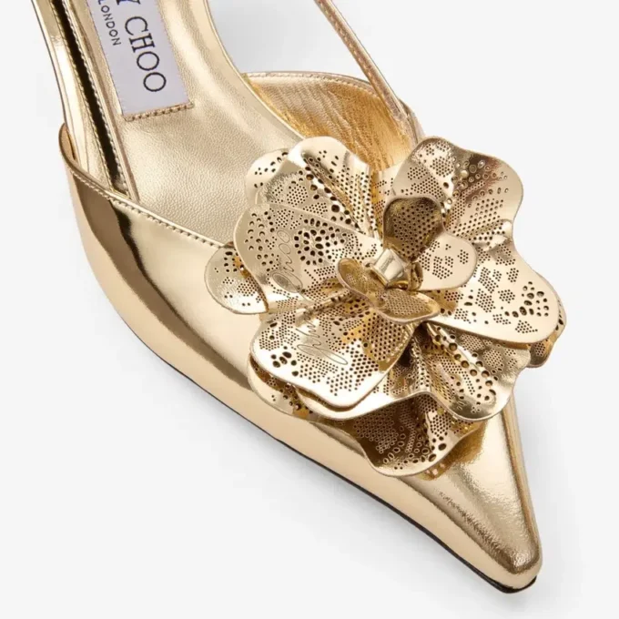 Mimmi  Sling Back 50 Gold Liquid Metal Leather Slingbacks with Jimmy Choo Perforated Corsage