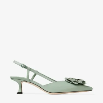 Mimmi Sling Back 50 Verde Shiny Nappa Leather Slingbacks with Jimmy Choo Perforated Nappa Lace Corsage