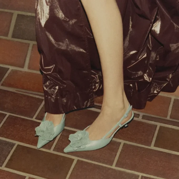 Mimmi Sling Back 50 Verde Shiny Nappa Leather Slingbacks with Jimmy Choo Perforated Nappa Lace Corsage