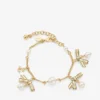 Multi Charm Ribbon  Bracelet Gold Metal Charm Bracelet with Ribbons & Pearls