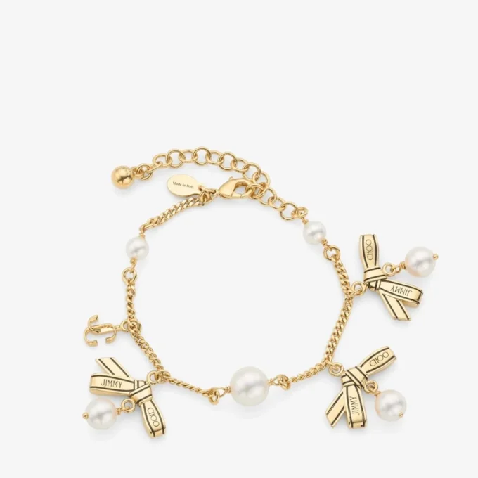 Multi Charm Ribbon  Bracelet Gold Metal Charm Bracelet with Ribbons & Pearls