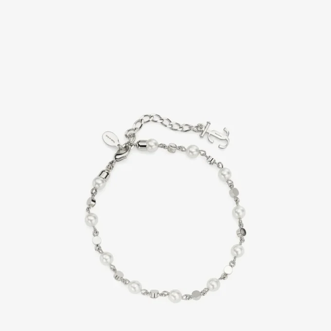 Pearl Crystal Anklet Silver-Finish Metal Anklet with Pearl, Crystal and Jc Monogram Charms