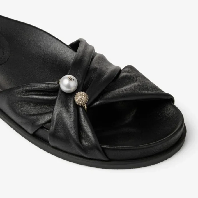 Rafi Flat Black Soft Glove Leather Flat Sandals