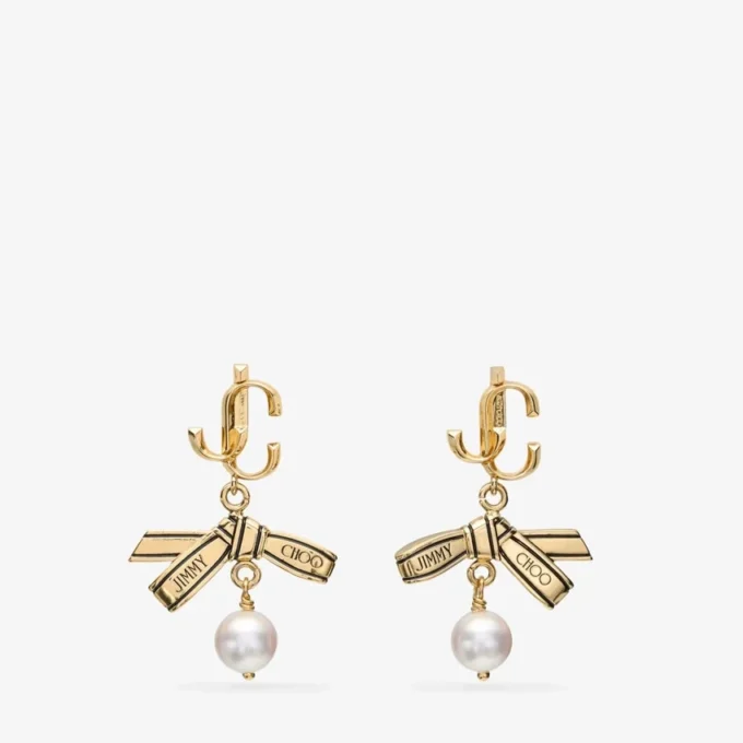 Ribbon Pearl Earring Gold Metal Ribbon Pearl Earring