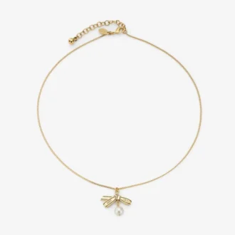 Ribbon Pendant Necklace Gold Metal Pendant Necklace with Ribbon and Pearl