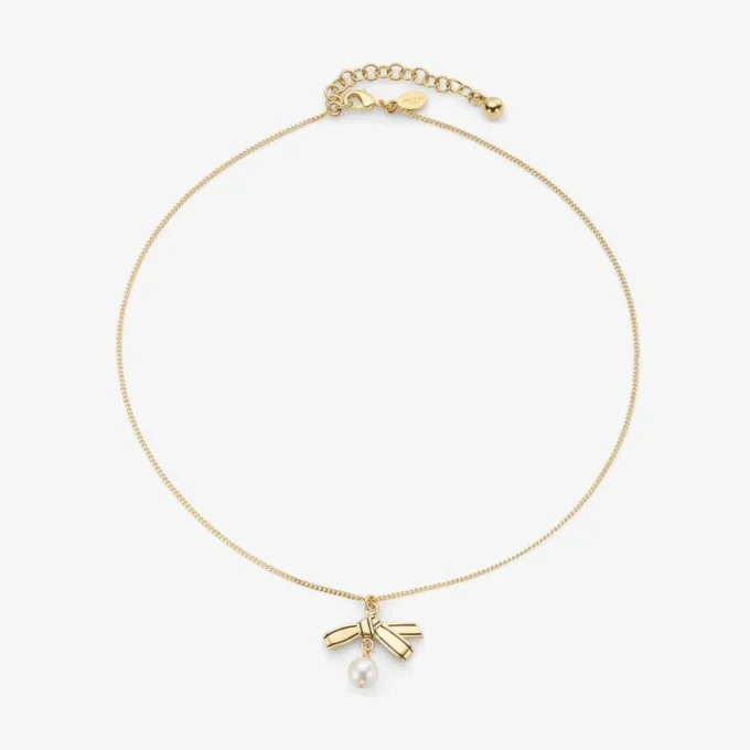 Ribbon Pendant Necklace Gold Metal Pendant Necklace with Ribbon and Pearl