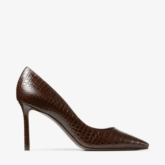 Romy 85 Chocolate Croc Embossed Leather Pumps