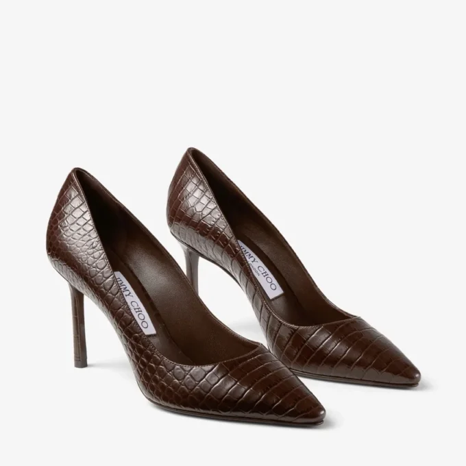 Romy 85 Chocolate Croc Embossed Leather Pumps