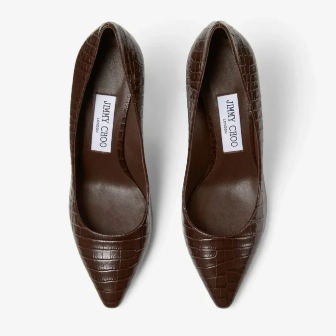 Romy 85 Chocolate Croc Embossed Leather Pumps