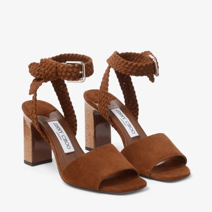 Rori 85 Tan Suede and Shiny Cork Sandals